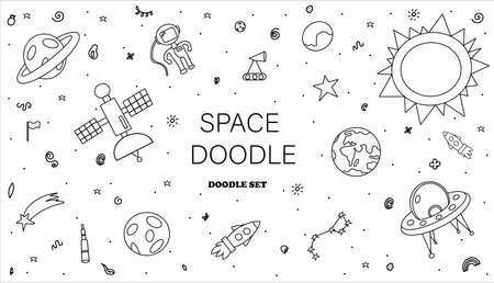 Hand draw space illustration with a rocket, astronaut, planets Cute, children s vector drawing Doodle icons Kid s elements for scrap-booking. Childish backgroundのイラスト素材