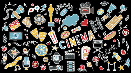 Cinema, TV Shows, Series and Movies Funny Doodle Vector set. Hand drawn colorful illustration. Set for podcast, awards and radio. Backgroundのイラスト素材