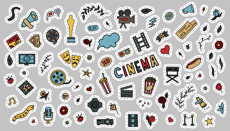 Cinema, TV Shows, Series and Movies Funny Doodle Vector set. Hand drawn colorful illustration. Set for podcast, awards and radio. Backgroundのイラスト素材