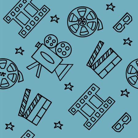 Seamless Pattern with Cinema, TV Shows, Series and Movies Funny Doodle Vector icons. Hand drawn colorful illustration. Set for podcast, awards and radio. Backgroundのイラスト素材