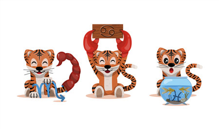 Tiger cub with cancer, scorpio, pisces zodiac sign Astrological sign icon Vector cartoon illustration Horoscope and Eastern New Year.のイラスト素材