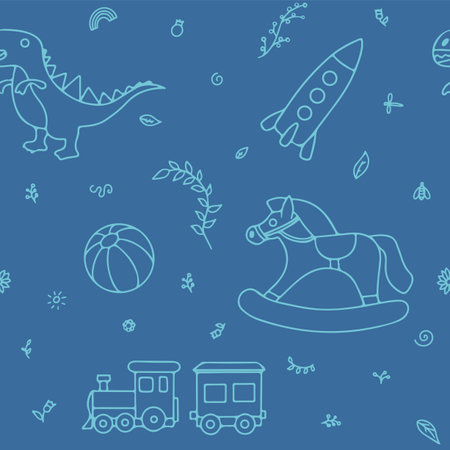 Vector doodle seamless pattern with toys. Hand draw collection of toys icons for baby shower or scrapbook. Cute illustration for childrenのイラスト素材