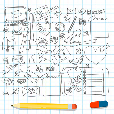 A set of vector mail doodles. Icons with paper envelopes, letters, email. A children s notebook in a cage with drawings of postal items. Hand-drawn elements for emailのイラスト素材