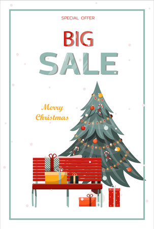 Flat vector banner Big Christmas sale. Cartoon Christmas template with festive decorations and food. New Year s card with a Christmas wreath, toys and garlands. Background for postcards and invitations.のイラスト素材