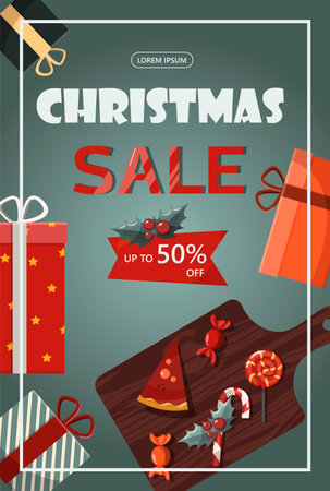 Flat vector banner Big Christmas sale. Cartoon Christmas template with festive decorations and food. New Year s card with a Christmas wreath, toys and garlands. Background for postcards and invitations.のイラスト素材