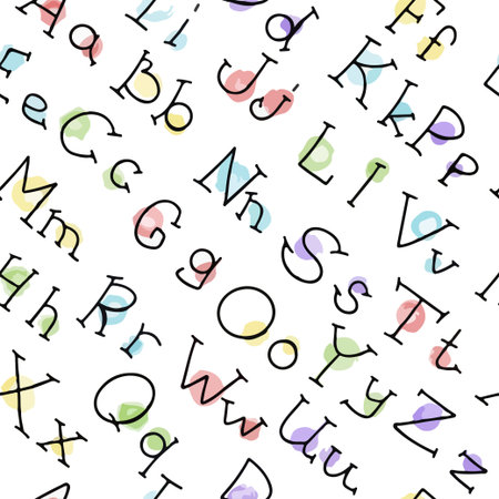 Vector handwritten font Seamless Pattern. Icons with paper envelopes, letters, email. A children s notebook in a cage with drawings of postal items. Hand-drawn elements for emailのイラスト素材