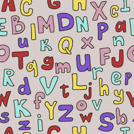 Vector handwritten font Seamless Pattern. Icons with paper envelopes, letters, email. A children s notebook in a cage with drawings of postal items. Hand-drawn elements for emailのイラスト素材