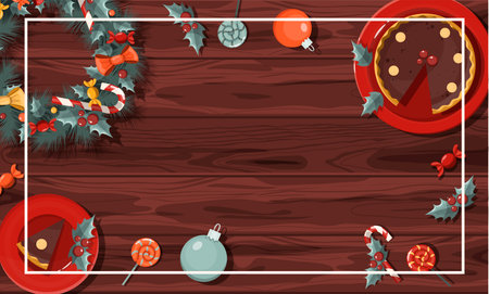 Flat vector banner Merry Christmas. Cartoon Christmas template with festive decorations and food. Background for postcards and invitations. New Year s table with a pie and a Christmas wreath, toys and garlands.のイラスト素材