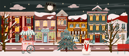Vector winter street for Christmas. Cartoon illustration with a Christmas tree, houses, a snowman and festive decorations. European cities on Christmas Eve. New Year s Eve, background, postcard for the new year.のイラスト素材