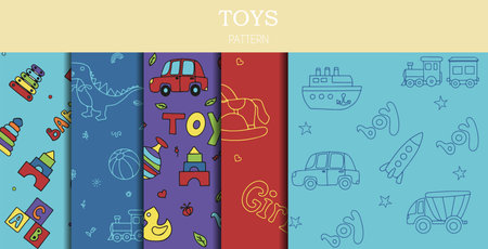 Vector set of doodle seamless pattern with toys. Hand draw collection of toys icons for baby shower or scrapbook. Cute illustration for childrenのイラスト素材