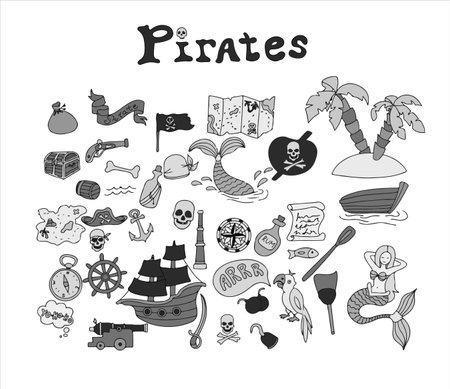 Vector doodle pirate set. A map with a hand-drawn sketch of a mermaid ship and pirate items. Template for children s postcards. Map of treasure island.のイラスト素材