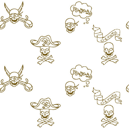 Vector doodle pirate seamless pattern. A map with a hand-drawn sketch of a mermaid ship and pirate items. Template for children s postcards. Map of treasure island. Doodle style.のイラスト素材