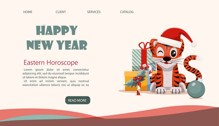 Web Christmas page with Christmas tree, gifts, sweets, decorations, street carts carts with coffe and candies. Vector illustration. Cartoon cliparts. Flat design for new yearのイラスト素材