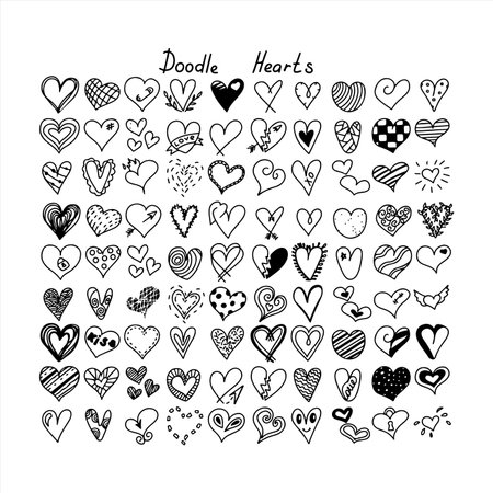 Vector doodle hearts hand drawn set. Talk clouds sketching illustration.のイラスト素材