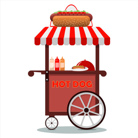 Street food cart with hot dogs. Flat vector illustration of cart selling sausages at fairs, street, Park, festival. Outdoors stall with fast food in city. American lunch. Cartoonのイラスト素材