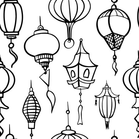 Doodle vector seamless pattern of chinese paper lanterns. Flat icons oriental decoration of china culture. Illustration of asian celebration festival decor. Hand draw traditional lights isolated on white background.のイラスト素材