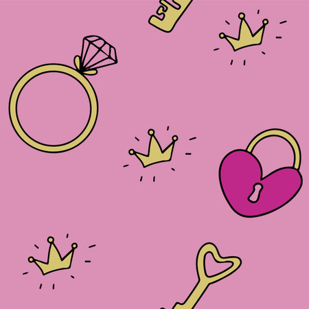 Doodle seamless pattern for Valentine s day. Vector colorful illustration for the holiday on February 14. Hand draw set for romance, wedding, date, invitation, greeting card, love. Icons for banners, sales, apps, or ads.のイラスト素材