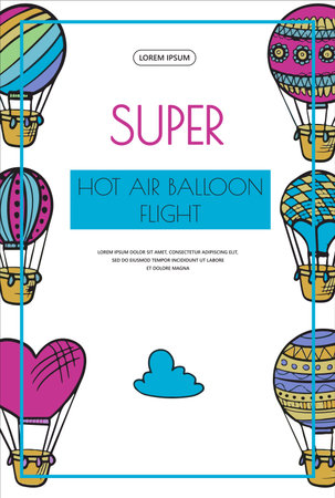 Doodle vector banner of hot air balloons with clouds. Colorful hand draw illustration flying vehicles. Romantic balloons. Sky with tourist balloons for flight. Cartoon styleのイラスト素材
