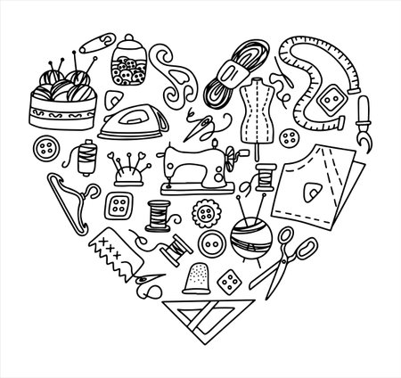 Vector doodle sewing set with heart and love. Vector tailoring tools icons. Sewing mannequin, machine, measuring and cutting supplies, Black outline. Sketch with professionsのイラスト素材