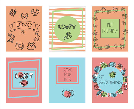 Doodle vector pet banners. Cards for the pet store, nursery. Hand drawn sketch illustration of dog and pet accessories elements bone, food, leash, training, caring, grooming a dogのイラスト素材