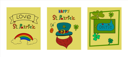 St. Patrick s Day greeting cards with hand-drawn pictures. A doodle of beer, Ireland, pub, bar,...