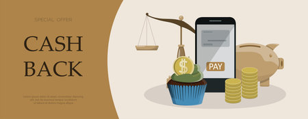 Financial investment banner. Vector flat Background for the website, app. Banking operations, cashback, investments, mobile service. Cartoon images for businessのイラスト素材
