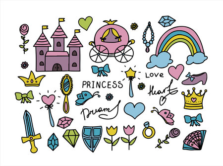 Set Vector Illustration Hand-Drawn Sketchy Fairy Tale Princess Tiara Crown Doodle Design Elements Set Vector Illustration. Cliparts for invitation, ad, bookのイラスト素材