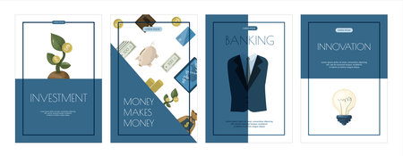 Financial investment banners. Vector flat Backgrounds for the website, app. Banking operations, cashback, investments, mobile service. Cartoon images for businessのイラスト素材