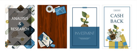 Financial investment banners. Vector flat Backgrounds for the website, app. Banking operations, cashback, investments, mobile service. Cartoon images for businessのイラスト素材
