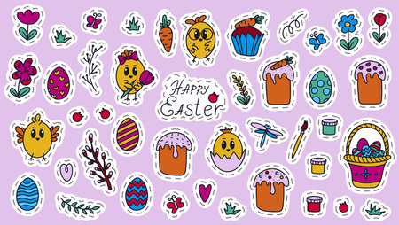 Easter traditional doodle collection - eggs, chickens, basket, Christian vector set decorating. Vector hand stickers ilustration isolated Backgroundのイラスト素材