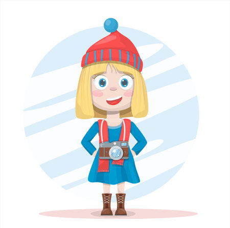 Vector flat girl photographer. Cartoon cute little girl with camers in dress. A cheerful beautiful child. Professions for school postcards, advertisingのイラスト素材