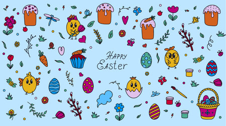 Easter traditional doodle collection - eggs, chickens, basket, Christian vector set decorating. Vector hand drawings ilustration isolated Background.のイラスト素材