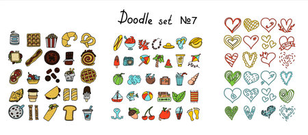 Big set of hand drawn coffee and tea doodles. A set of isolated vector summer accessories for beach, fast food products. Hand-drawn sweets, desserts, snacks, drinks, popcorn, American food and English breakfast. A big set of sketch illustrations.のイラスト素材