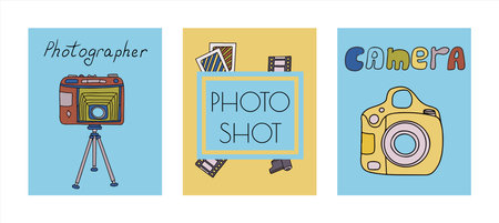 Vector photo cameras sketch banners. Hand drawn style. Different types of cameras in retro and...