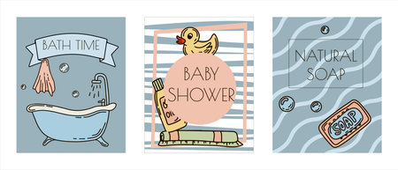 Bath doodle vector illustration. Hand draw banners of home bathroom hygiene accessories. Sketch icons for hotels, plumbing and cosmetics storesのイラスト素材