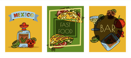 Mexican cuisine, vector doodle food banner. National spicy food, fast food, snacks. Sketch illustration for restaurant, menu, cafe. Fiesta mexicanaのイラスト素材