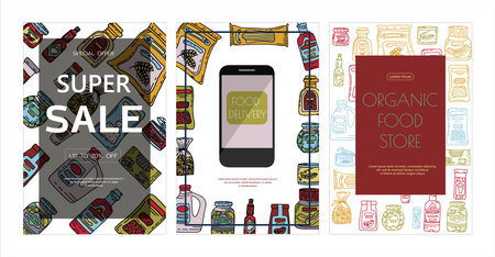 Vector doodle grocery store products. Hand drawn scetch banners. Food and drink. Natural canned,...
