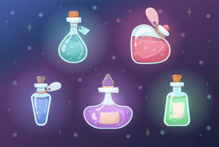 A set of vector magic bottles and flasks. Colorful magic potions. Cartoon cliparts, symbolsのイラスト素材