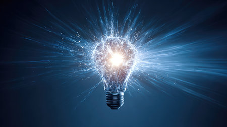 A stunning visual representation of creativity and energy featuring a light bulb surrounded by electric sparks and bright energy bursts, perfect for concepts of innovation and brightness.の素材