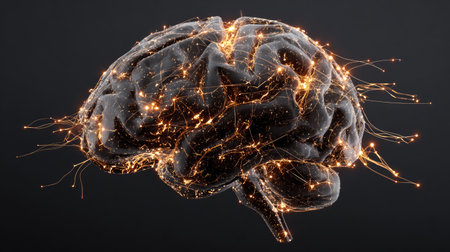 This captivating image features an abstract representation of a human brain, beautifully illuminated with glowing neural connections against a dark background.の素材