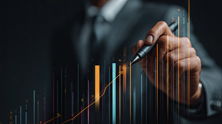 A focused businessman uses a pen to highlight financial data on an abstract growth chart, representing modern investment and analysis methods.の素材