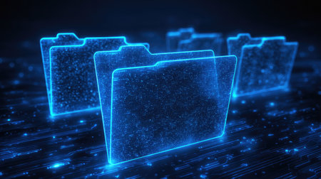 This image showcases digital folders with a glowing effect, representing modern data storage solutions in a high-tech environment. Perfect for technology themes.の素材