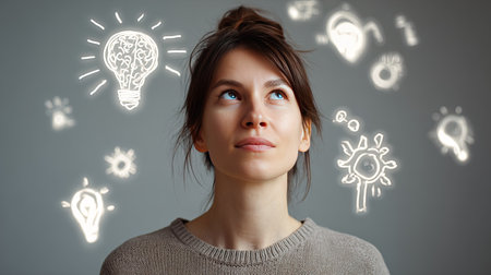 A portrait of a young woman deep in thought, surrounded by creative illustrations representing ideas and inspiration. The expression captures curiosity and contemplation.の素材