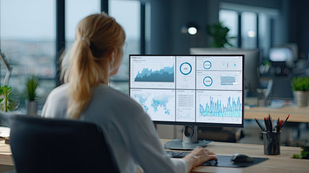 A woman focuses on data analysis using a desktop computer in a bright office setting. The screen displays various charts and metrics, showcasing business performance insights.の素材