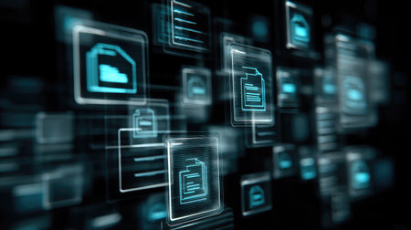 This abstract digital composition features floating files and data streams, showcasing a technological landscape that symbolizes innovation and connectivity.の素材