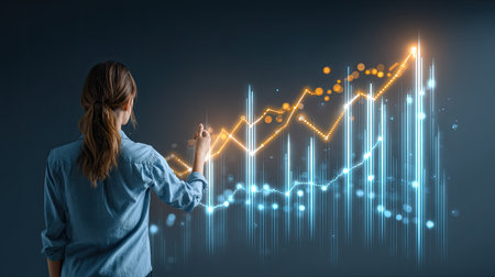 A woman interacts with a digital graph, illustrating growth trends and data visualization in a sleek office environment, showcasing modern analytics and technology.の素材