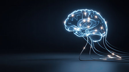 This stunning image features a glowing brain, illuminated by electric connections that symbolize neural activity and cognitive processes, set against a dark background.の素材