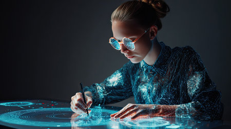 A young woman focuses on creating stunning digital art, using high-tech glasses and an interactive holographic surface in a modern workspace.の素材