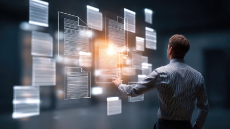 A businessman stands in a futuristic setting, interacting with digital files on a glowing interface. This scene captures the essence of modern data management and innovation.の素材
