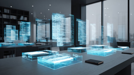 A modern office environment showcasing futuristic holographic data displays that represent technology and innovation in the workspace.の素材